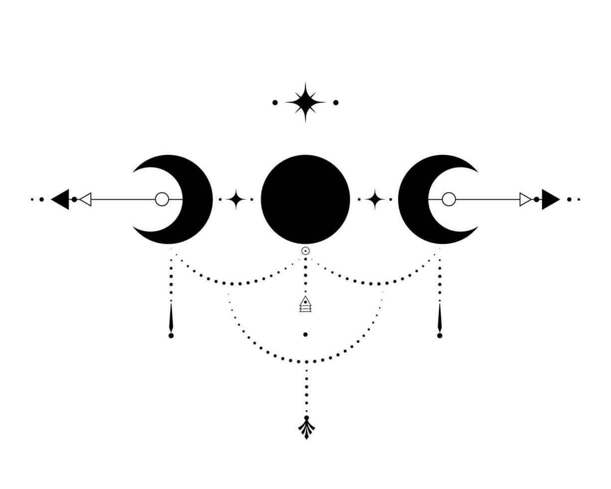 triple lune, géométrie sacrée, flèches mystiques et croissant de lune, lignes pointillées dans le style bohème, icône wiccan, signe magique mystique ésotérique alchimique. vecteur d'occultisme spirituel isolé sur fond blanc