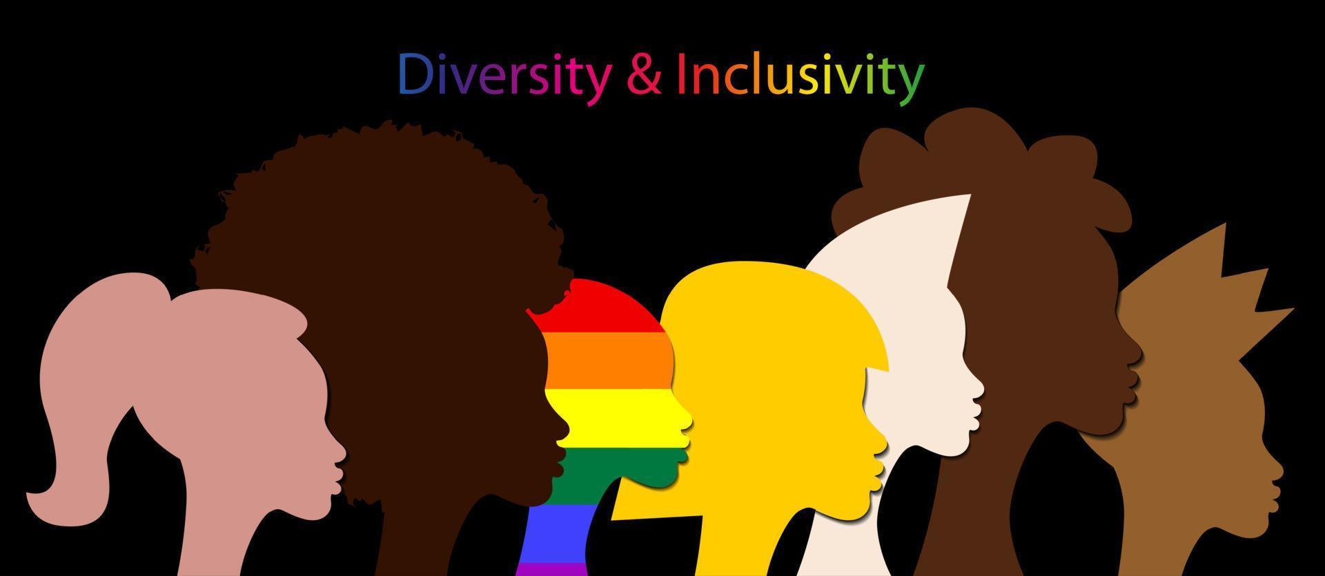 inclusion et diversité. silhouettes de personnes et ensemble lgbtq, logo vectoriel portrait de personnes pour site Web, concept de fierté gaie de bannière, vecteur de signe arc-en-ciel coloré isolé sur fond noir