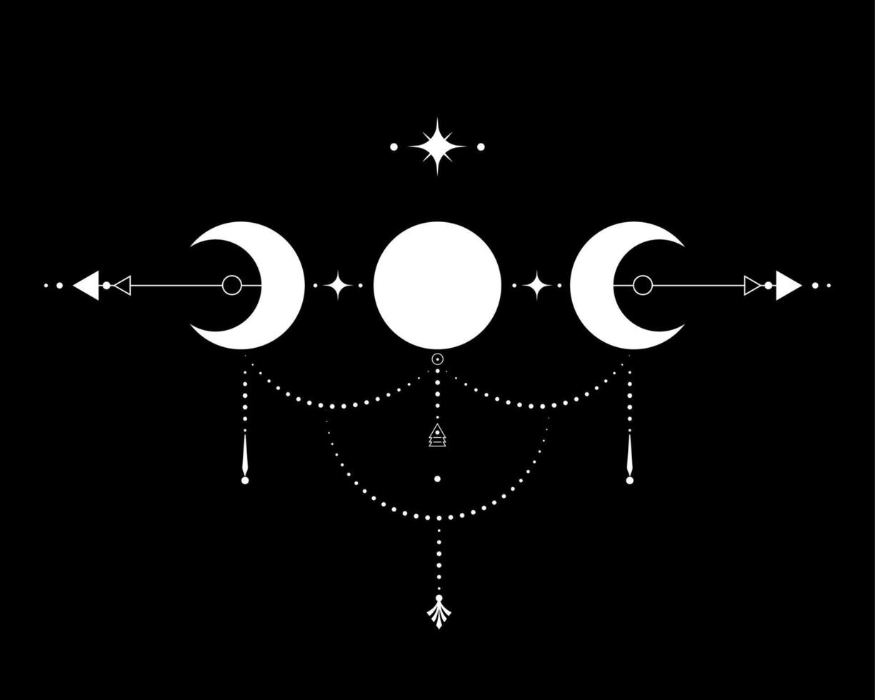 triple lune, géométrie sacrée, flèches mystiques et croissant de lune, lignes pointillées dans le style bohème, icône wiccan, signe magique mystique ésotérique alchimique. vecteur d'occultisme spirituel isolé sur fond noir