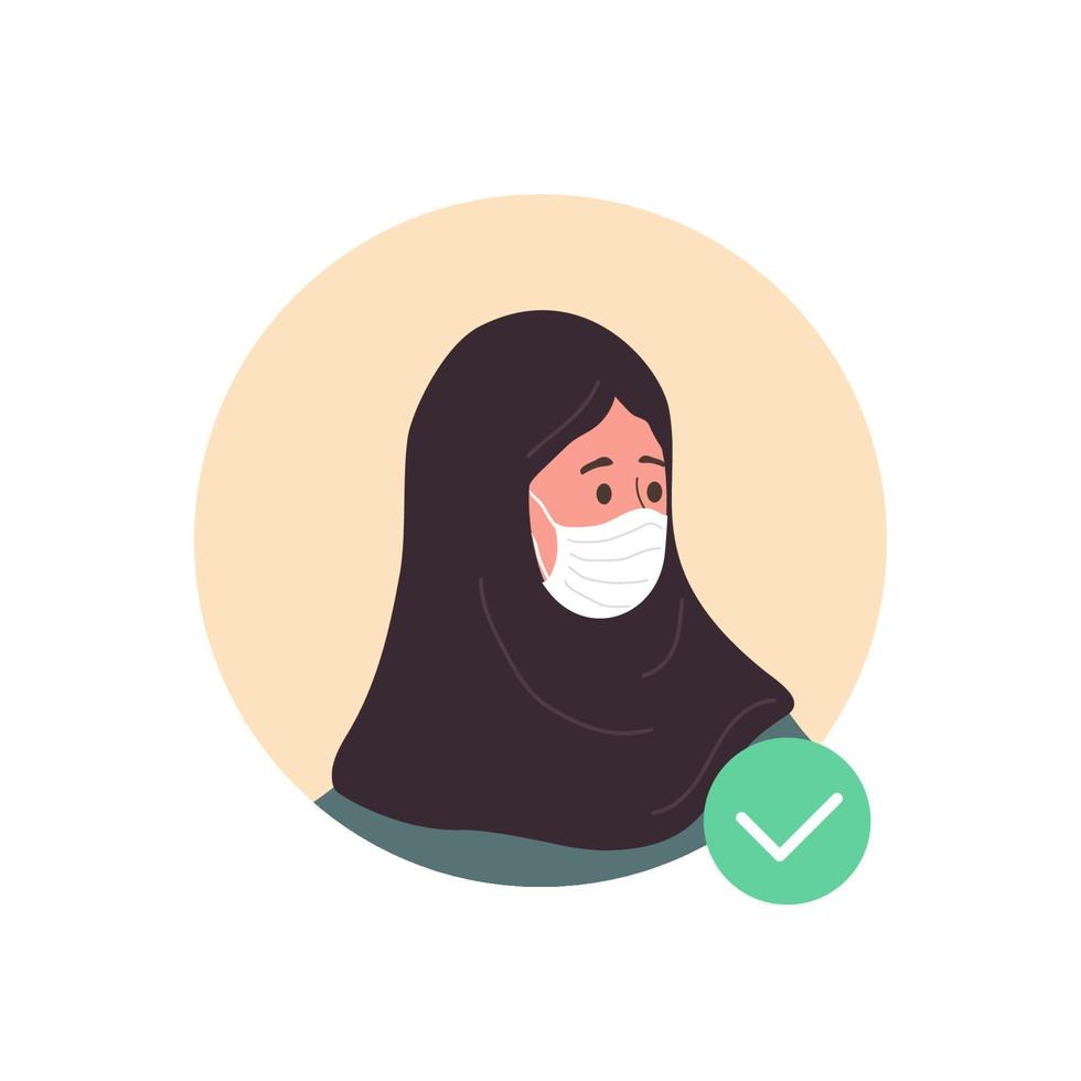 avatar féminin avec masque facial. femme islamique comme médecin ou infirmière. quarantaine et distanciation sociale. épidémie de coronavirus. illustration vectorielle en style cartoon plat. vecteur