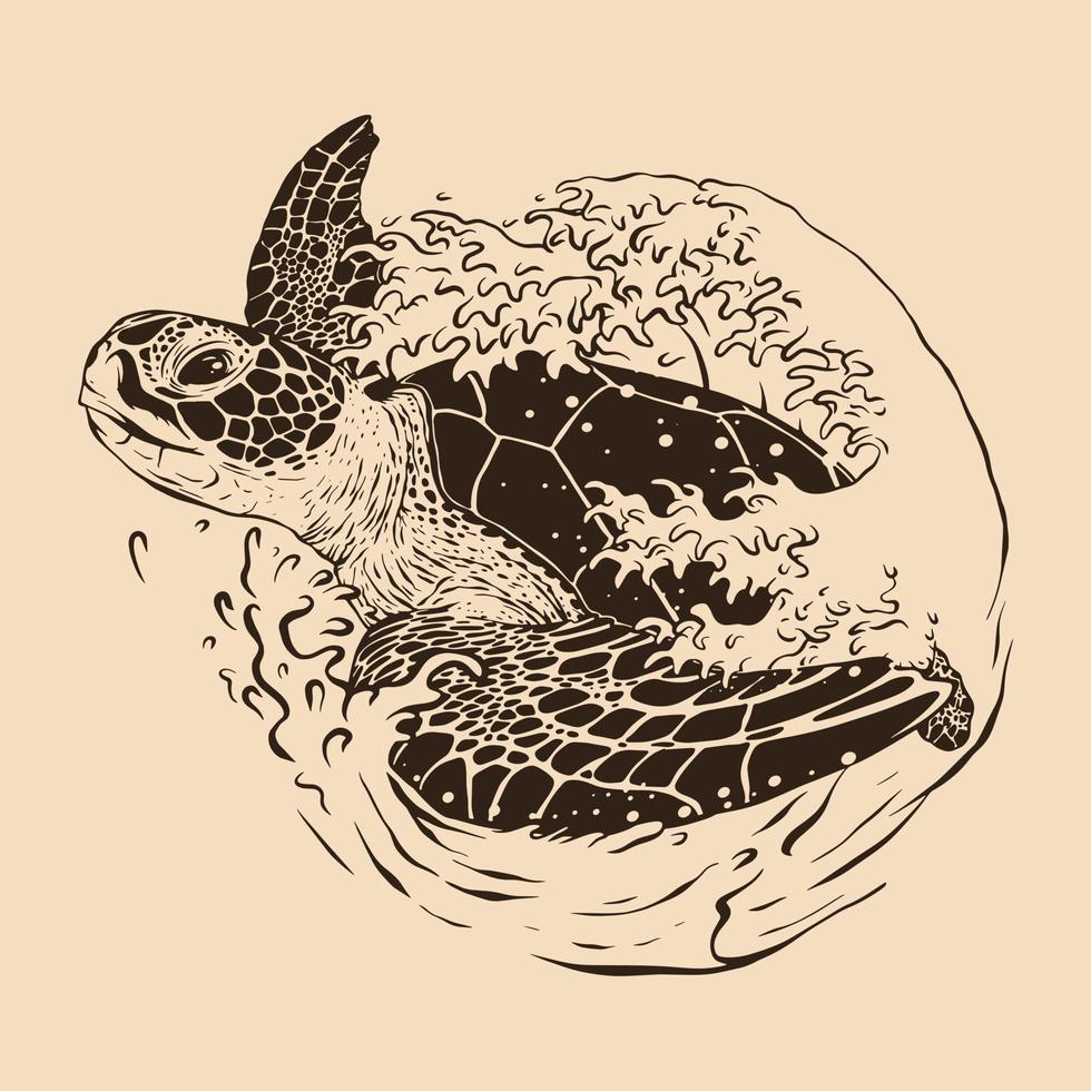 tortue de mer vagues croquis illustration dessin vecteur
