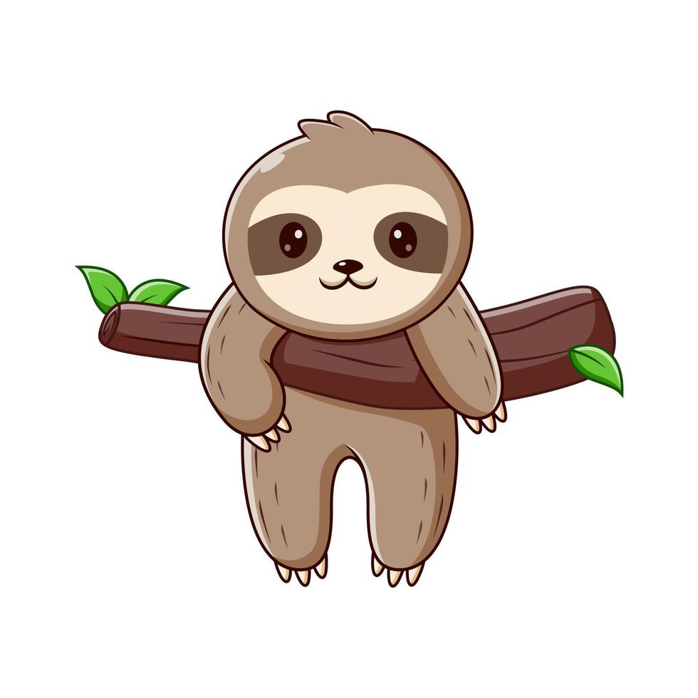 dessin animé paresseux accroché à l'arbre, personnage de dessin animé mascotte paresseux. concept d'icône animal blanc isolé. style de dessin animé plat adapté à la page de destination web, à la bannière, au dépliant, à l'autocollant, à la carte vecteur