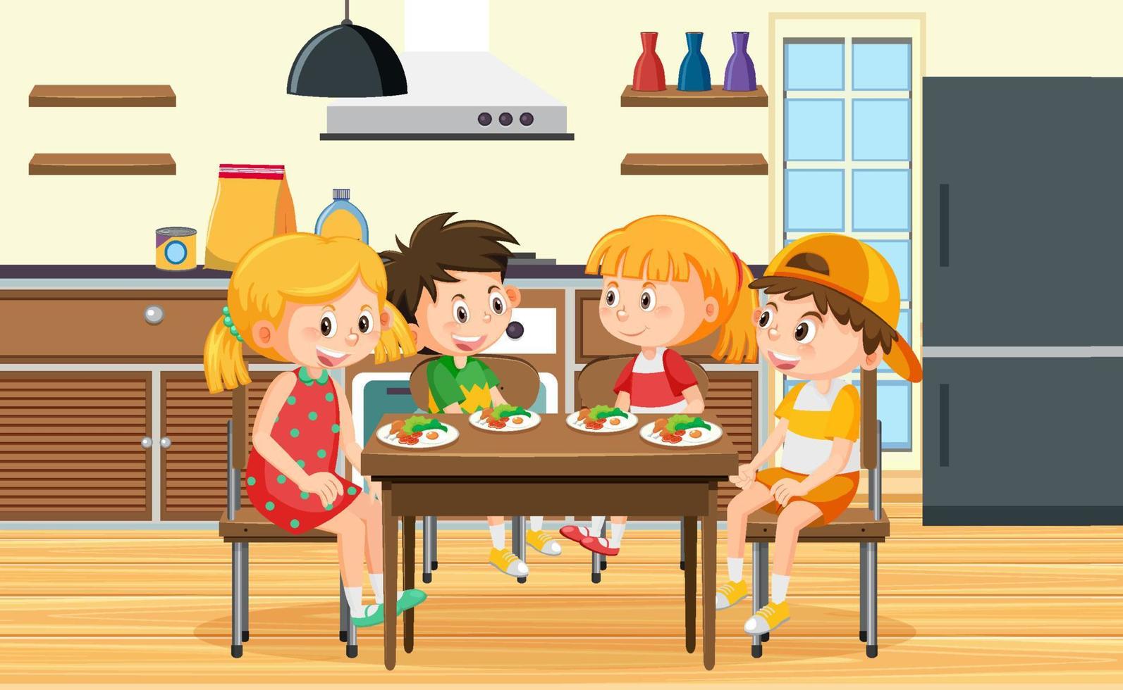 enfants prenant leur repas dans la cuisine vecteur