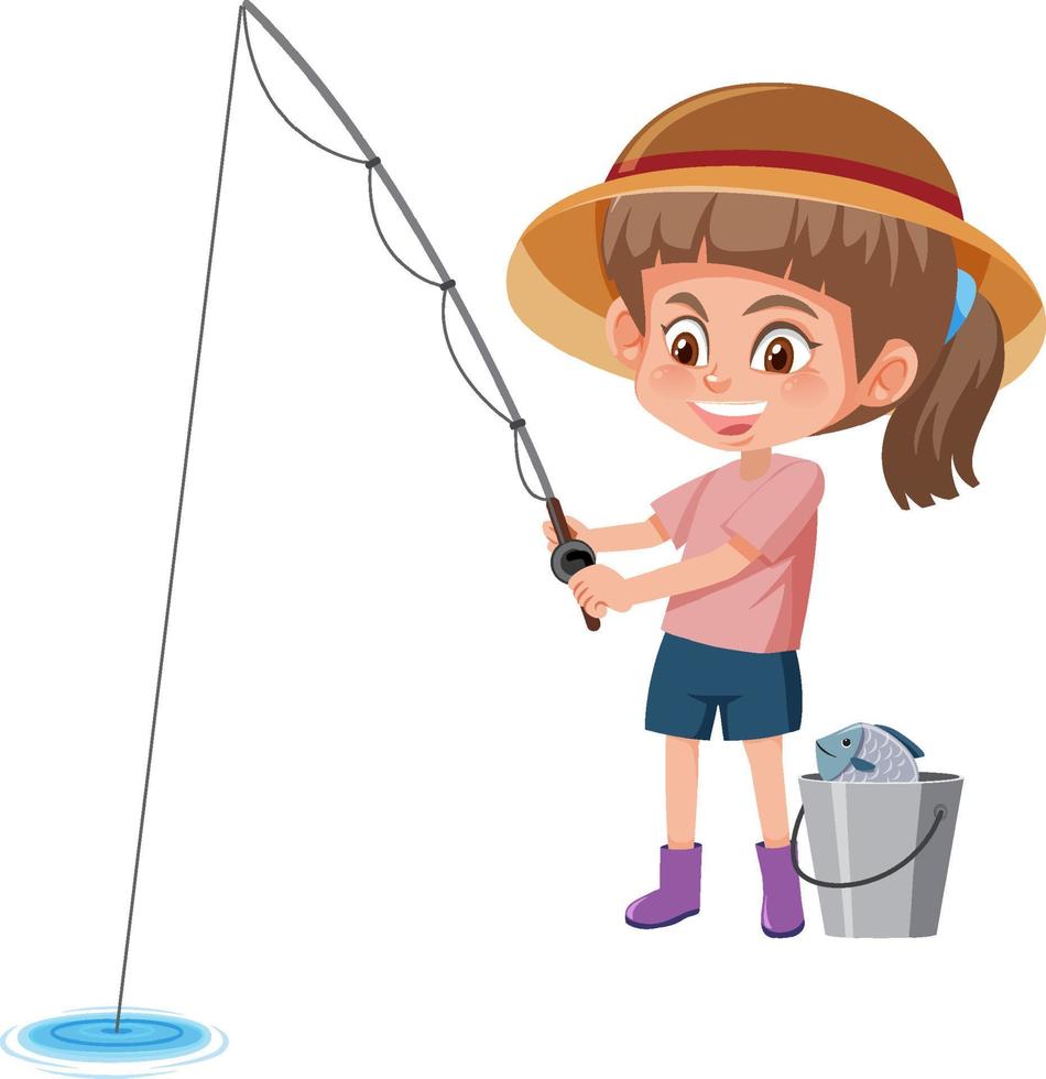 une fille tenant un personnage de dessin animé de canne à pêche vecteur