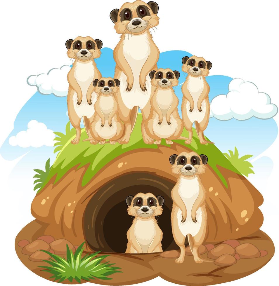 groupe de suricates avec terrier en style cartoon vecteur