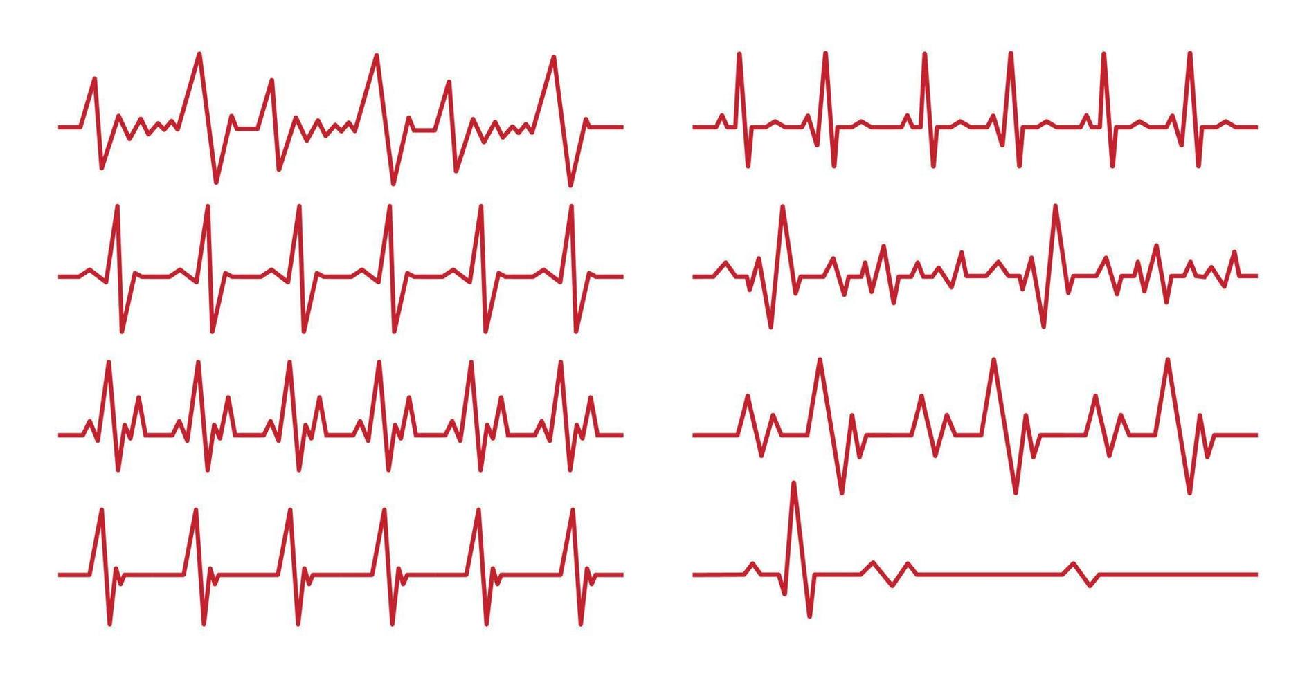 lot de 8 pièces. pouls cardiaque - ligne rouge incurvée sur fond blanc - vecteur