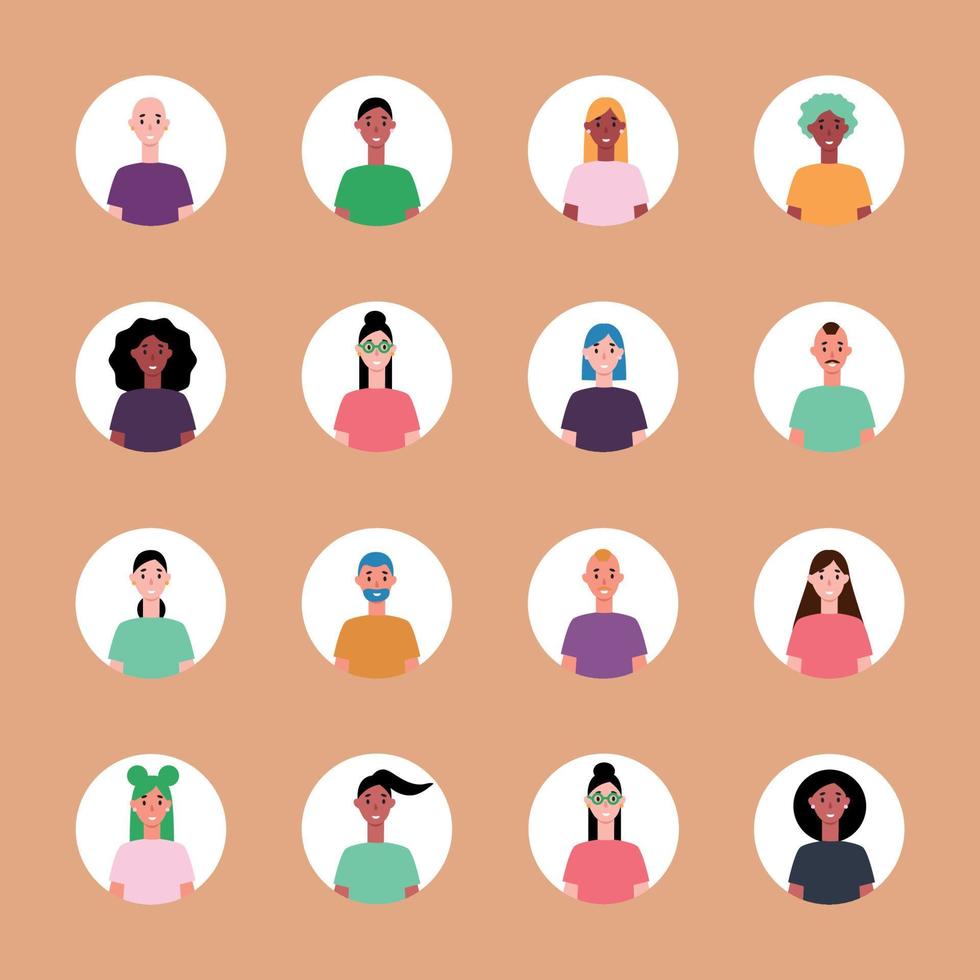 ensemble de 16 avatars encerclés avec des visages de jeunes. image de différentes races et nationalités, femmes et hommes. ensemble d'icônes de profil utilisateur. badges ronds avec des gens heureux - vecteur