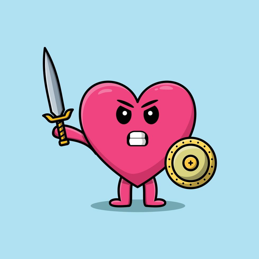 dessin animé mignon beau coeur tenant une épée et un bouclier vecteur
