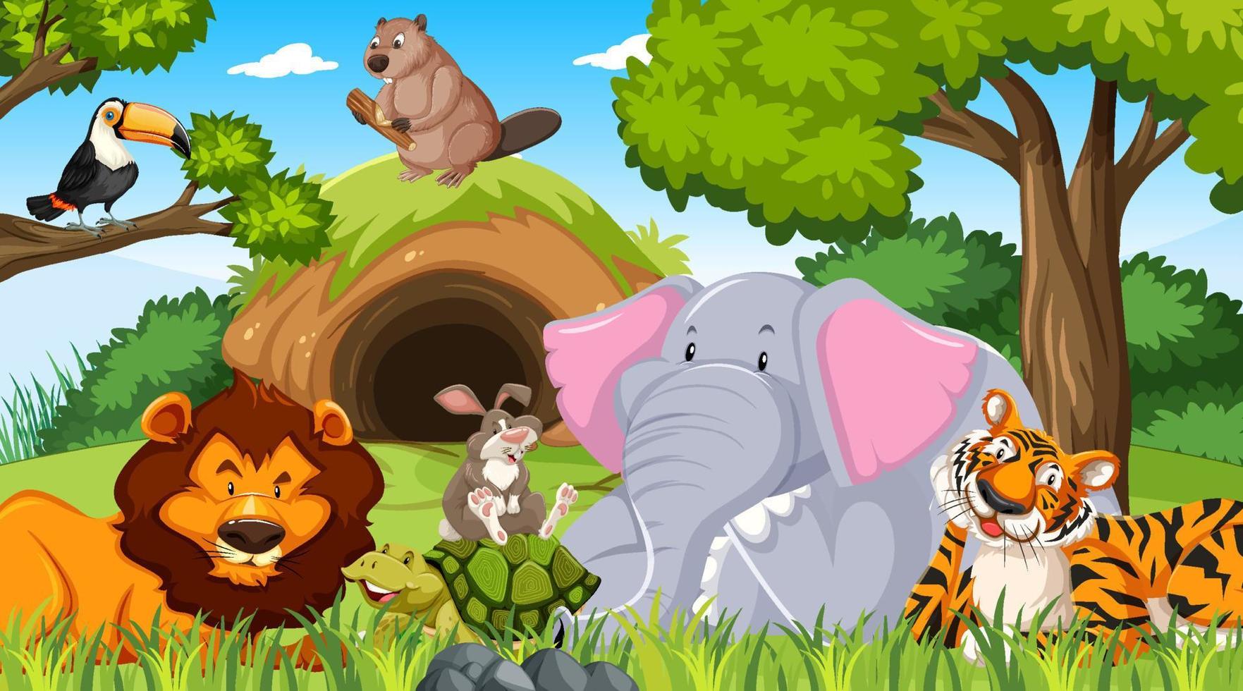 personnages de dessins animés d'animaux sauvages dans la scène de la forêt vecteur