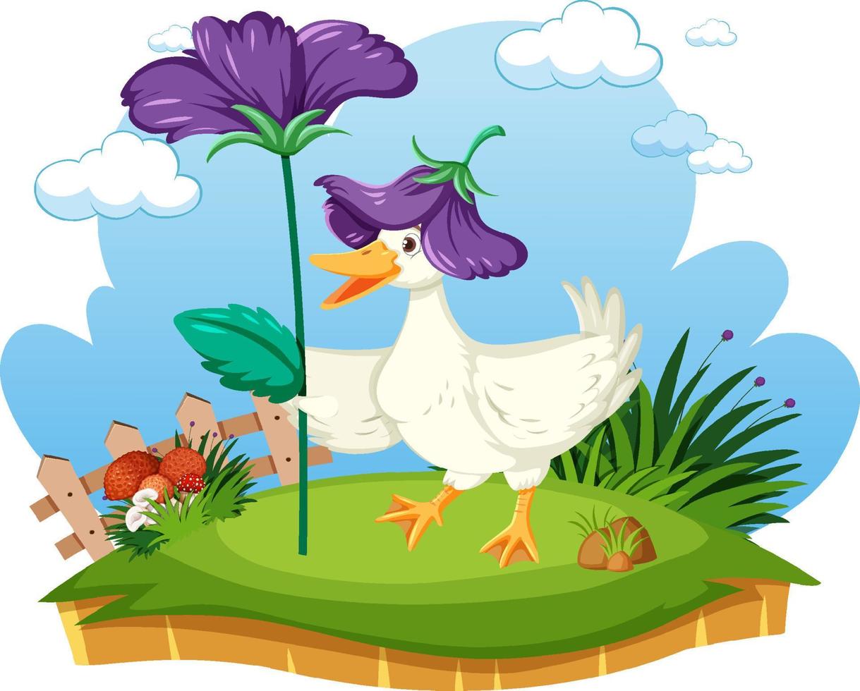 canard mignon tenant une fleur dans le jardin vecteur