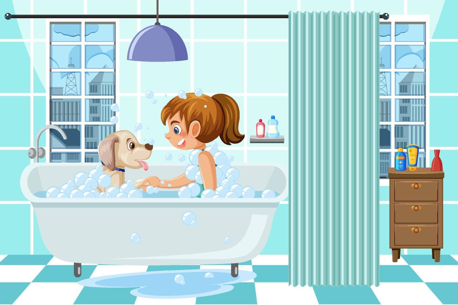 une fille prenant un bain avec un chien vecteur