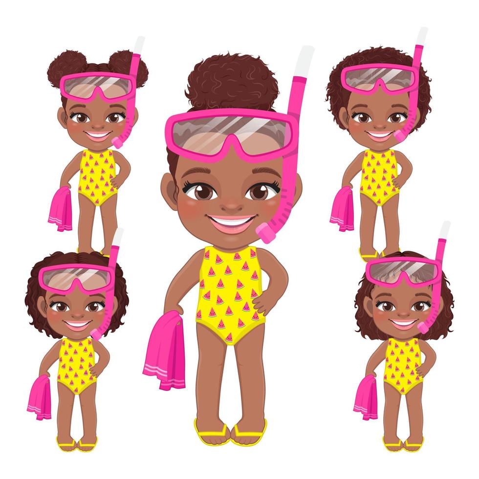 plage fille noire en vacances d'été. enfants africains américains tenant une serviette et portant des lunettes de plongée vecteur de conception de personnage de dessin animé