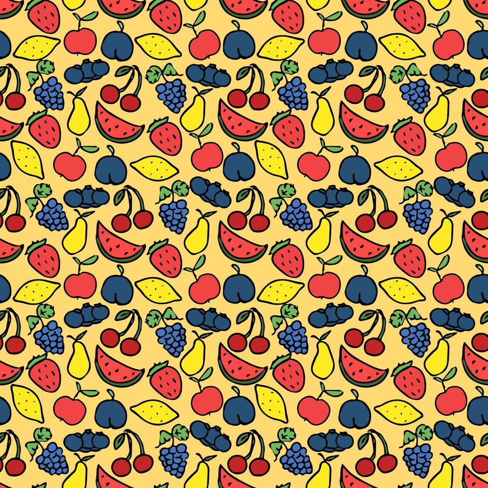 modèle sans couture avec des icônes de fruits. motif de fruits de doodle coloré. fond de nourriture vecteur