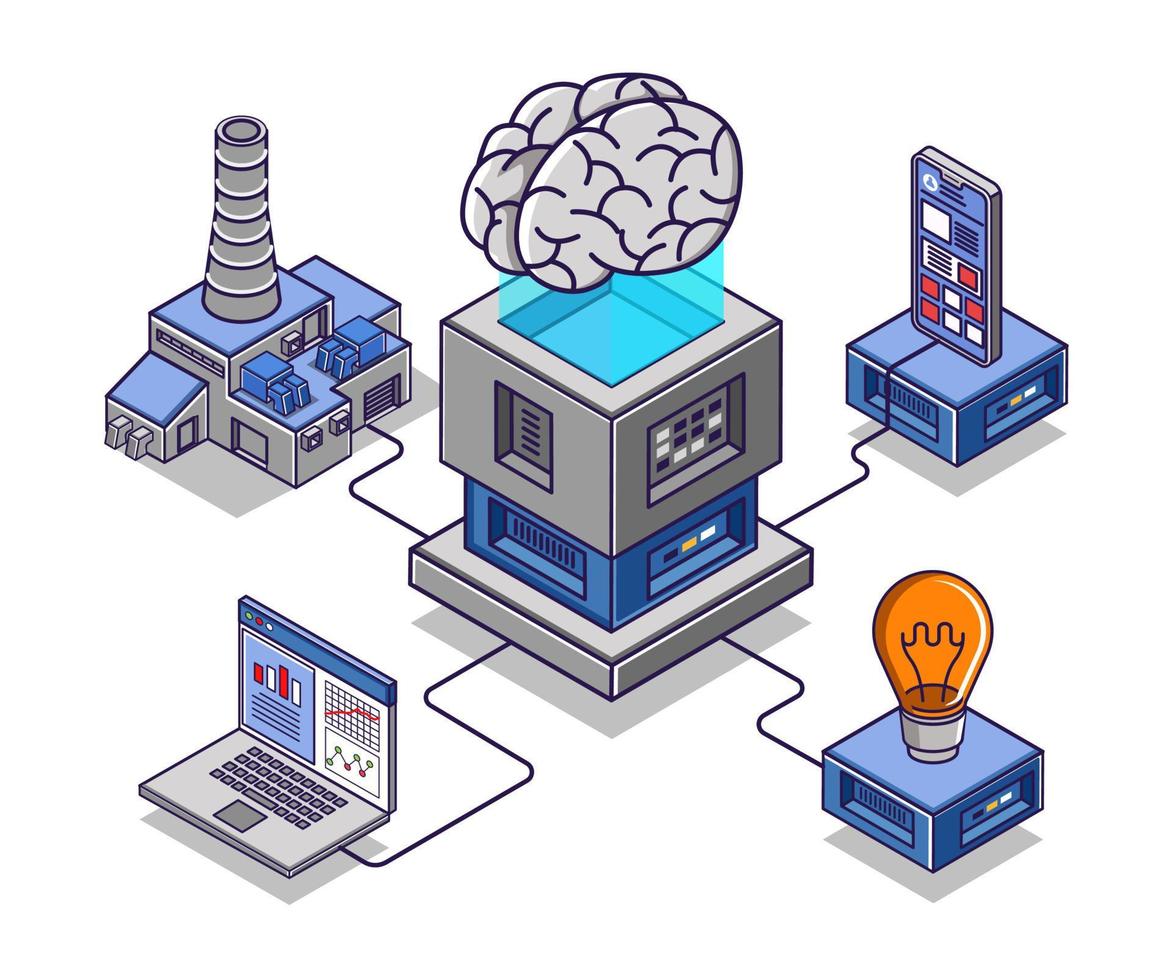 illustration de concept isométrique plat. l'intelligence artificielle pour aider les entreprises vecteur