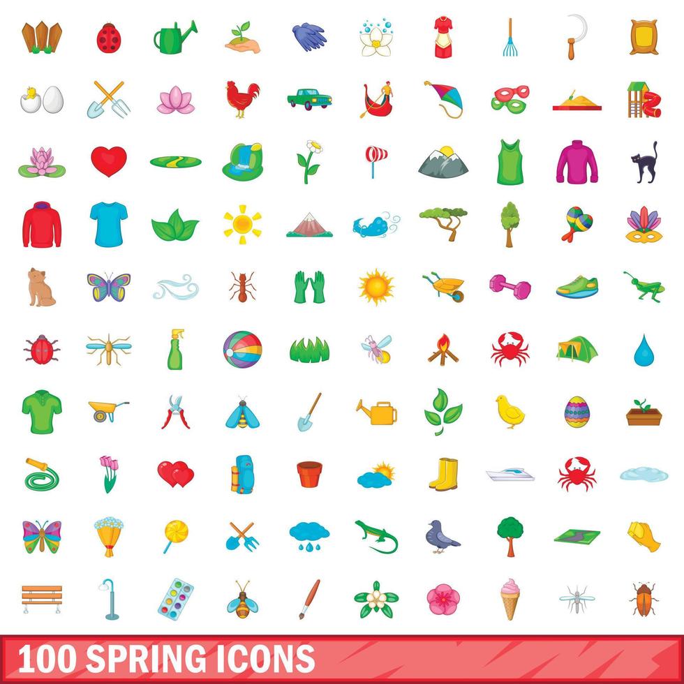 Ensemble de 100 icônes de printemps, style cartoon vecteur