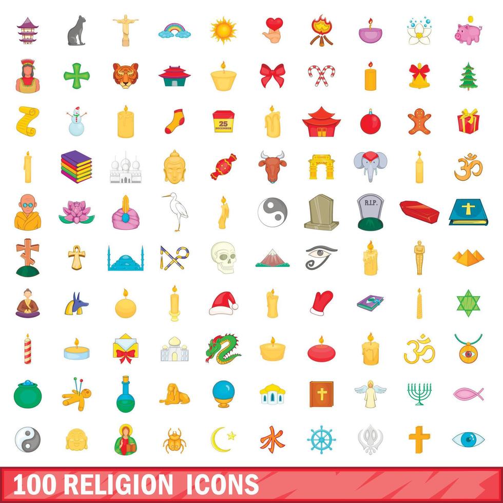 Ensemble de 100 icônes de religion, style cartoon vecteur