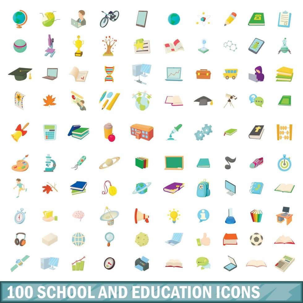 Ensemble de 100 icônes d'école et d'éducation, style cartoon vecteur