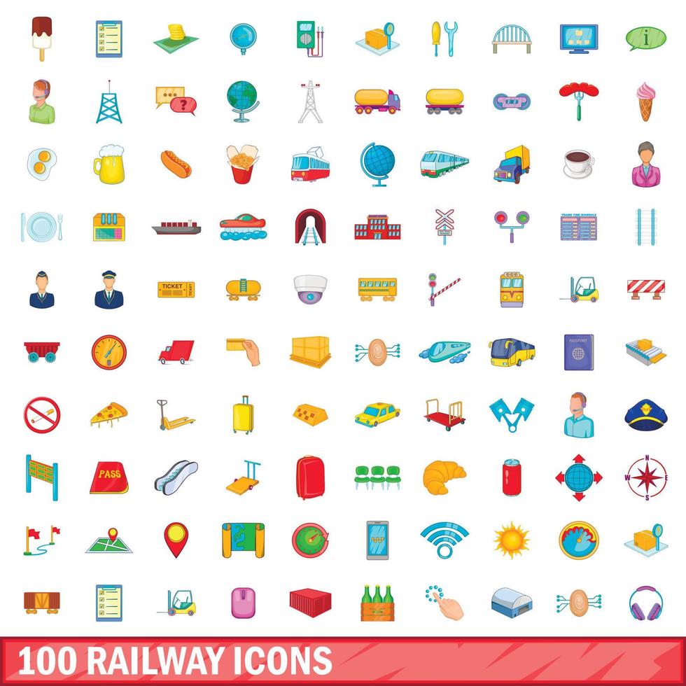 Ensemble de 100 icônes ferroviaires, style cartoon vecteur