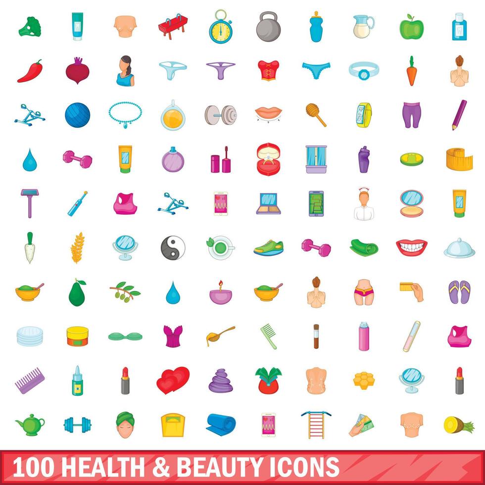 Ensemble de 100 icônes santé et beauté, style dessin animé vecteur