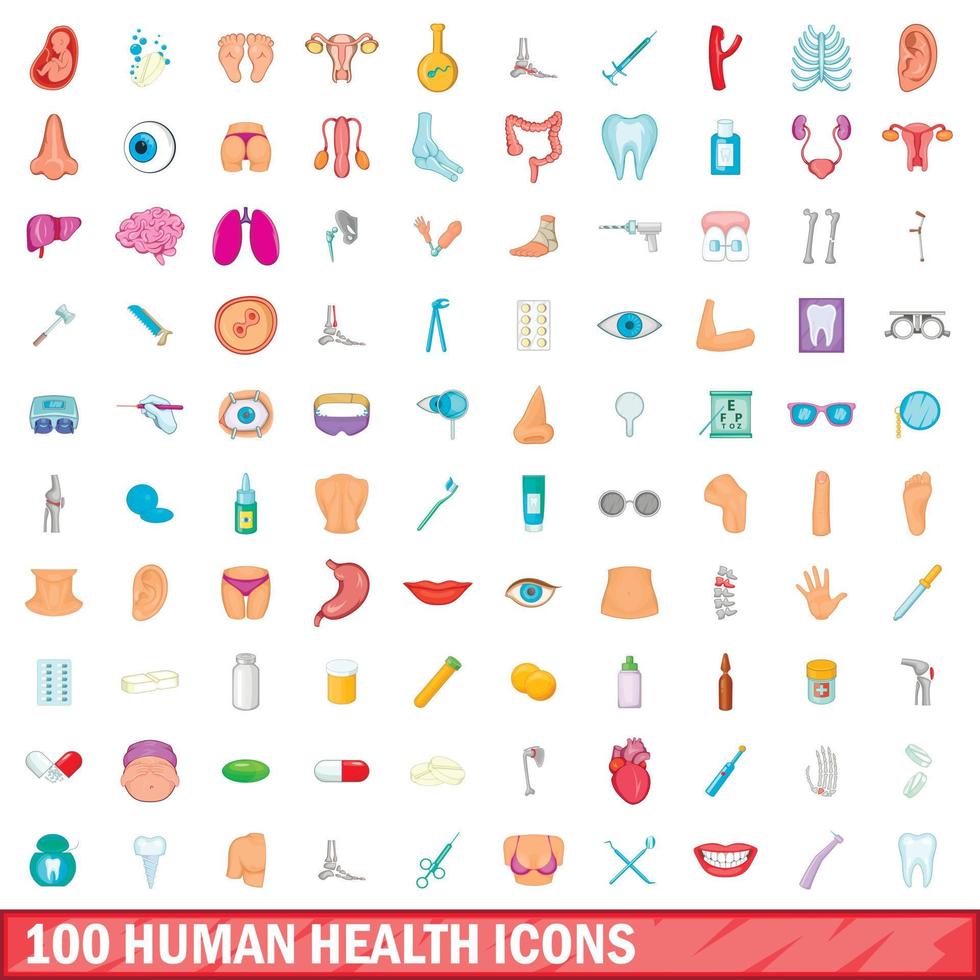Ensemble de 100 icônes de santé humaine, style cartoon vecteur