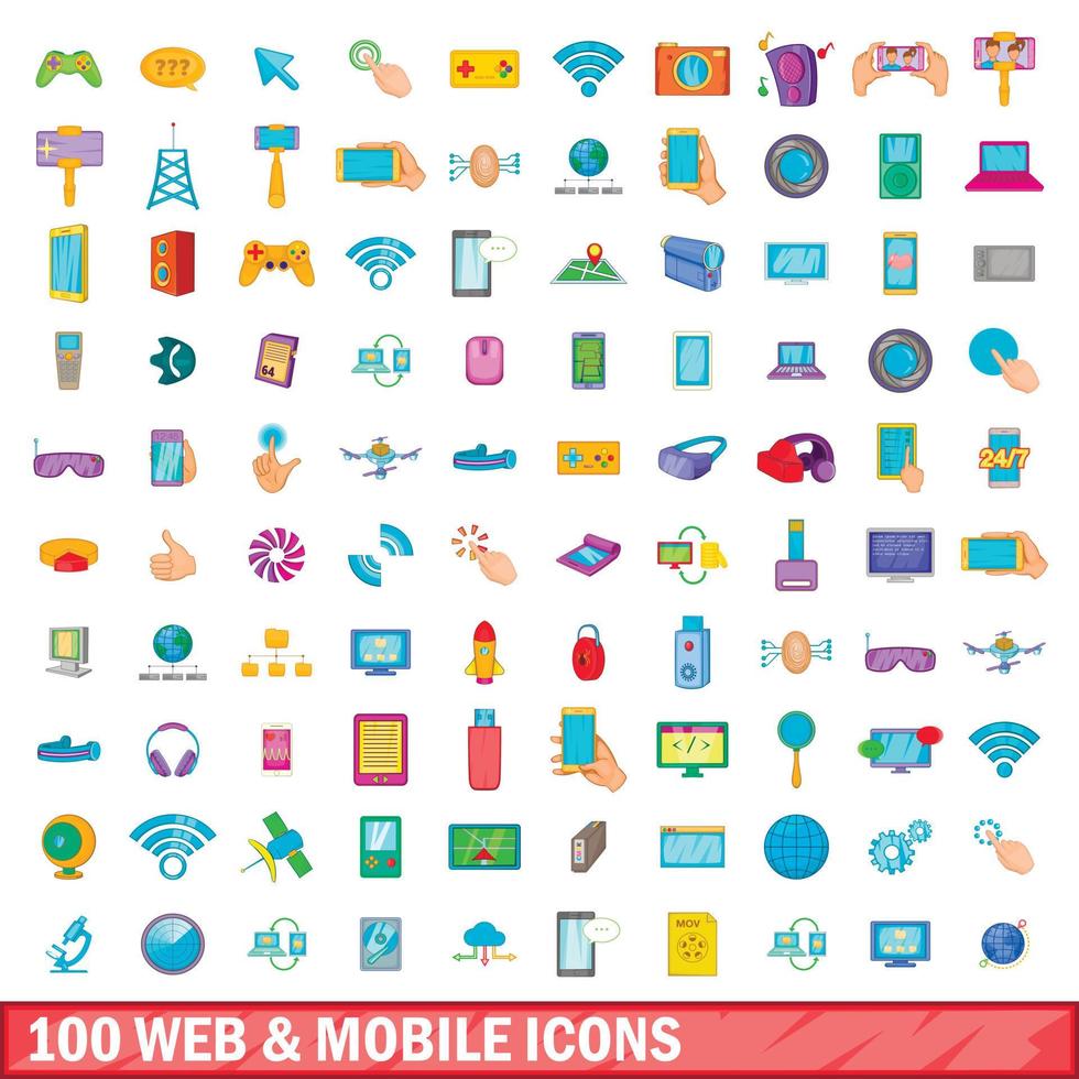 Ensemble de 100 icônes web et mobiles, style cartoon vecteur