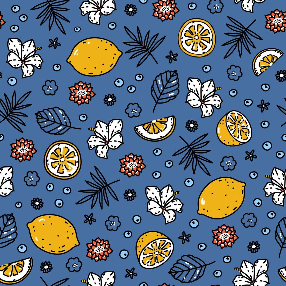 joli motif harmonieux de citrons frais juteux et de fleurs tropicales exotiques. toile de fond d'été botanique vecteur