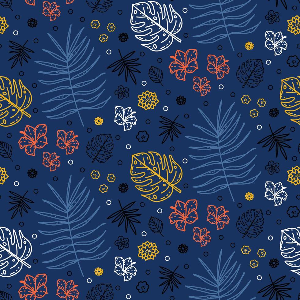 modèle sans couture à la mode avec des feuilles de palmier et de monstère tropicales abstraites, des fleurs dessinées à la main dans un style de croquis. conception vectorielle pour tissu textile, papier d'emballage ou impression sur n'importe quelle surface vecteur