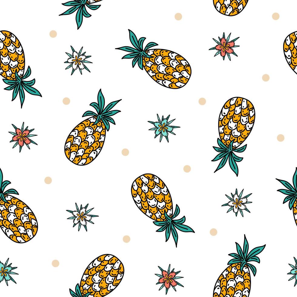 mignon modèle sans couture avec ananas doodle dessinés à la main sur fond blanc. fond de nourriture d'été avec des fruits drôles dans le style de croquis pour les enfants textile, papier d'emballage, vêtements vecteur