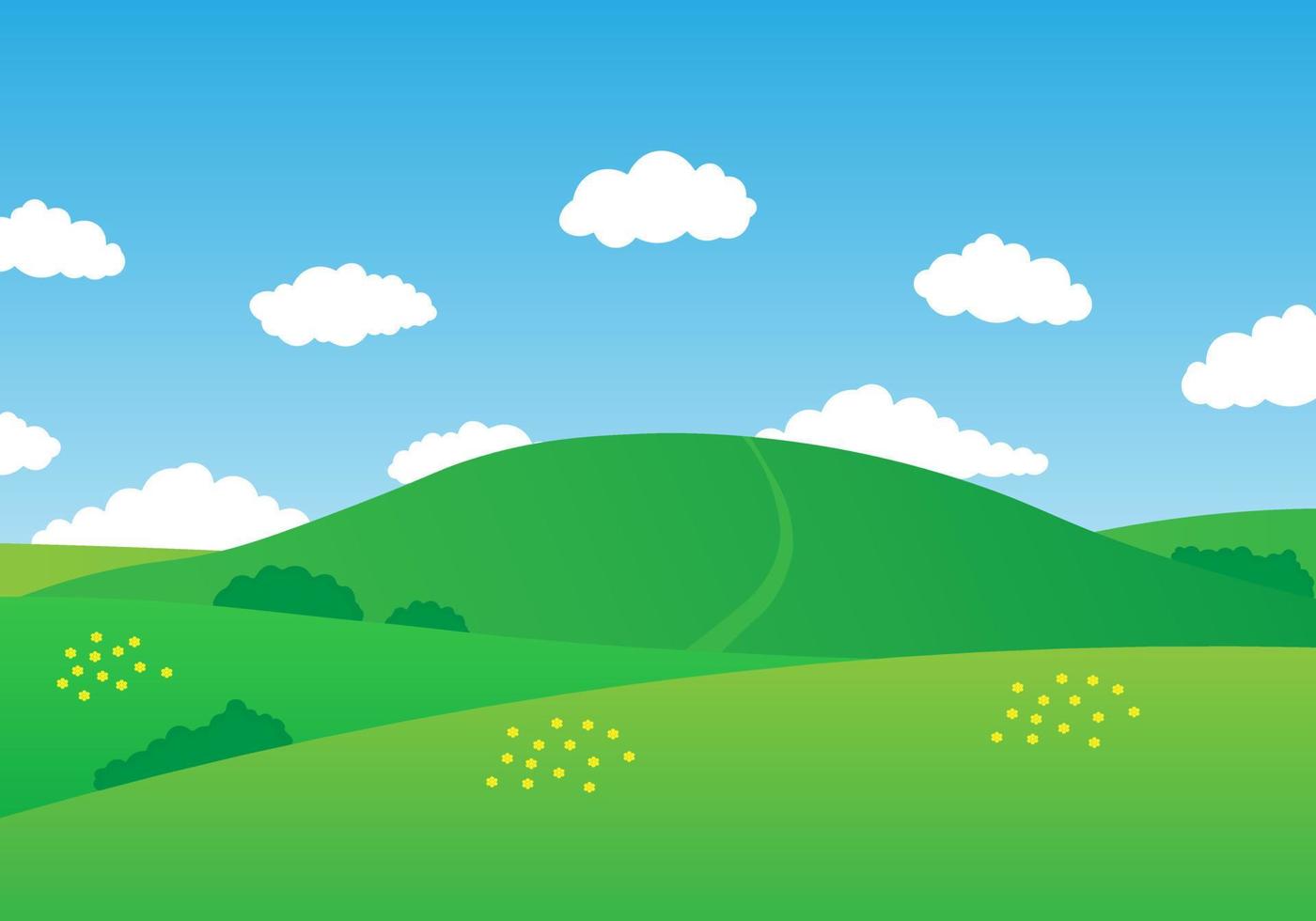 fond de paysage d'été. champ ou pré avec herbe verte, fleurs et collines, ciel bleu avec de nombreux nuages et un chemin à travers la colline. paysages de ferme et de campagne. illustration vectorielle.10 eps. vecteur