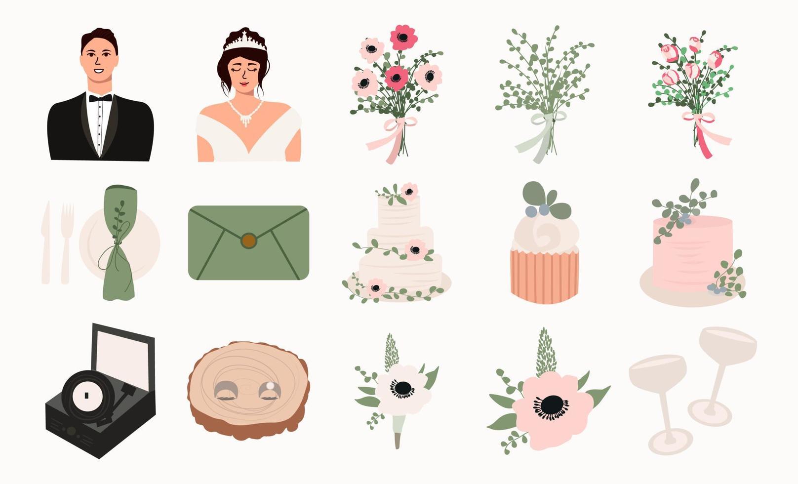 collection vectorielle de cliparts sur le thème du mariage. un ensemble d'éléments de décor festif vecteur