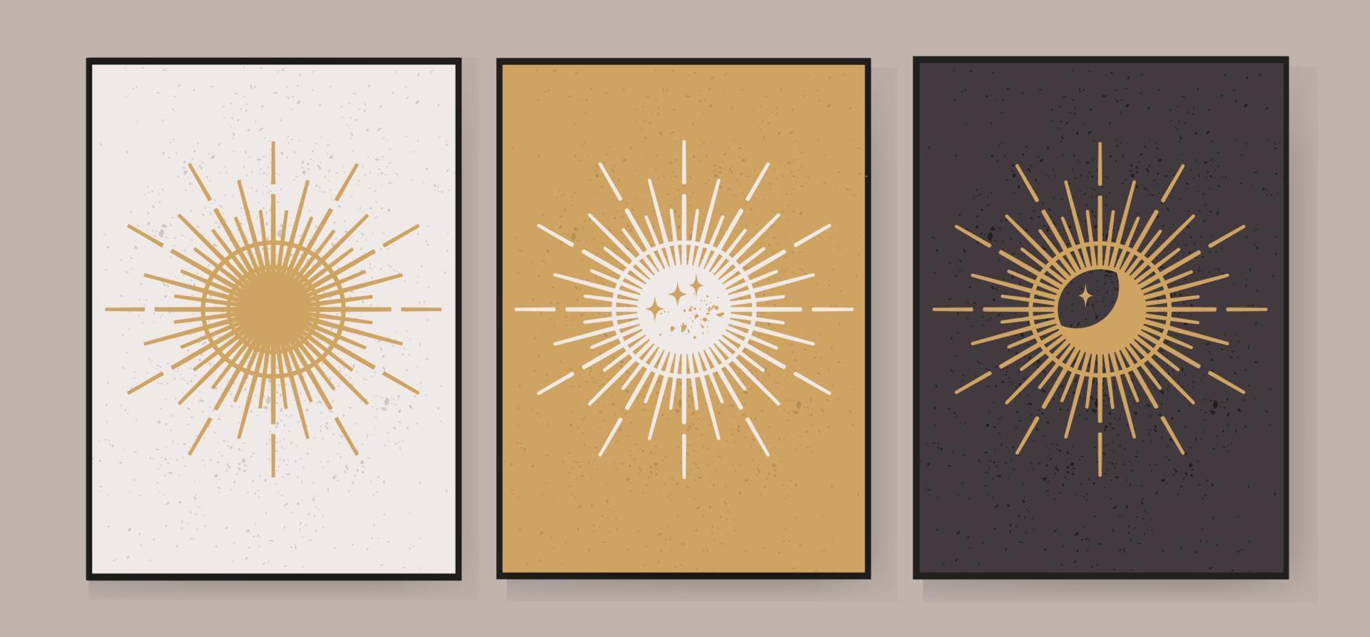 ensemble de 3 illustrations abstraites créatives avec un soleil magique pour décorer des murs, décorer des cartes postales ou des brochures. vecteur eps10.