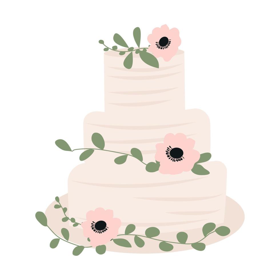 beau gâteau de mariage rustique avec des feuilles et des fleurs. illustration vectorielle vecteur
