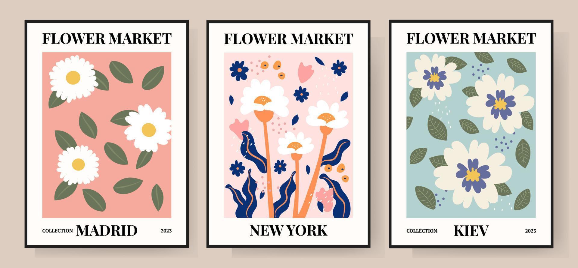 set 1970 affiche du marché des fleurs de marguerite. illustration florale abstraite. affiche pour cartes postales, art mural, bannière, arrière-plan, pour impression. illustration vectorielle vecteur