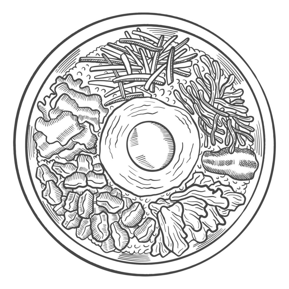 bibimbap corée ou cuisine coréenne cuisine traditionnelle isolé doodle croquis dessiné à la main avec style de contour vecteur