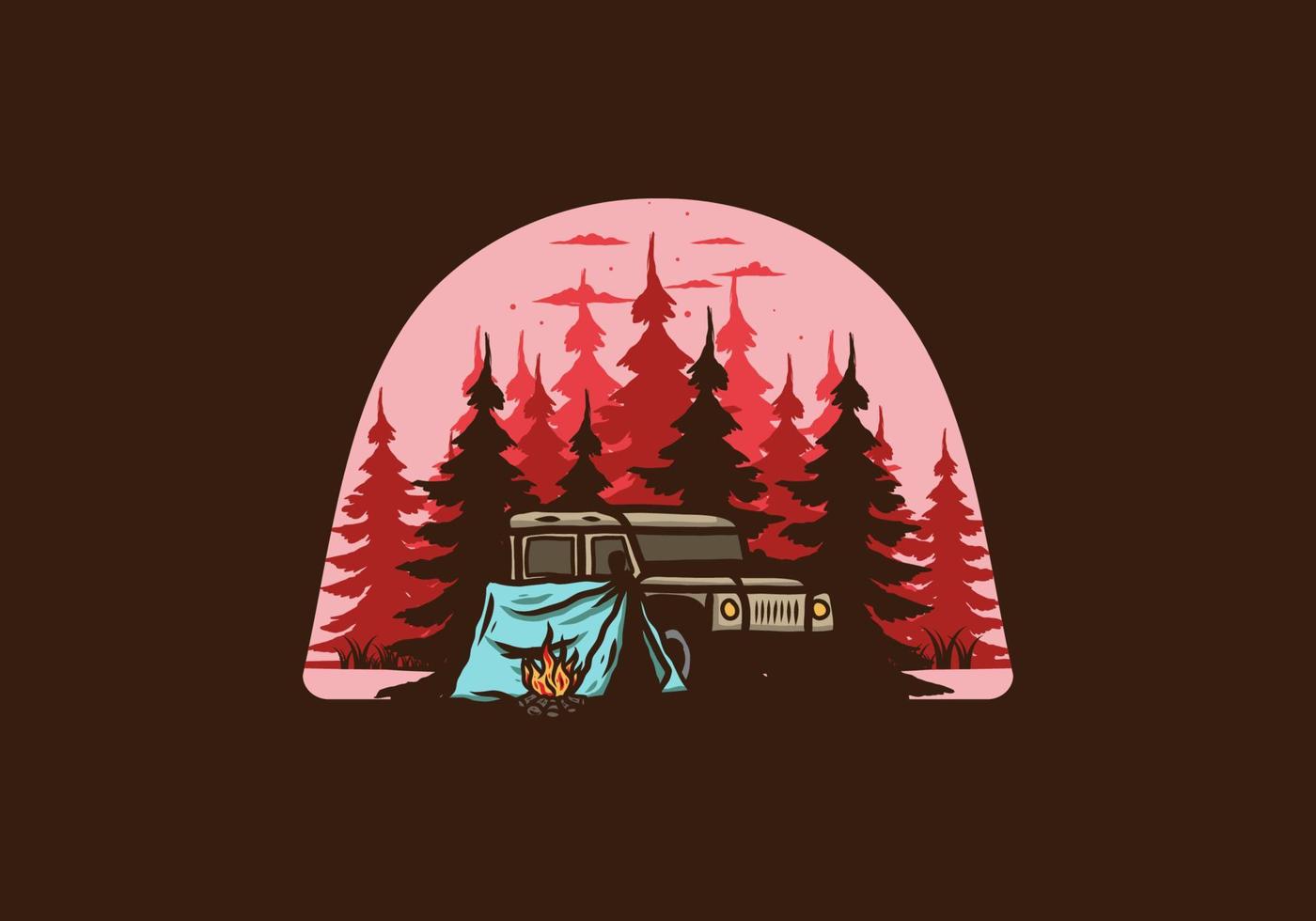 camping à côté de la voiture dans l'illustration de la forêt vecteur