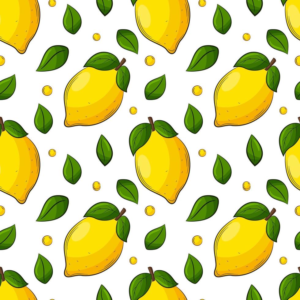 modèle sans couture de citron d'agrumes d'été juteux lumineux. fruit dessiné à la main avec un contour. toile de fond de fruits. pour les textiles d'été, les emballages alimentaires, les serviettes. illustration vectorielle de couleur sur fond blanc. vecteur