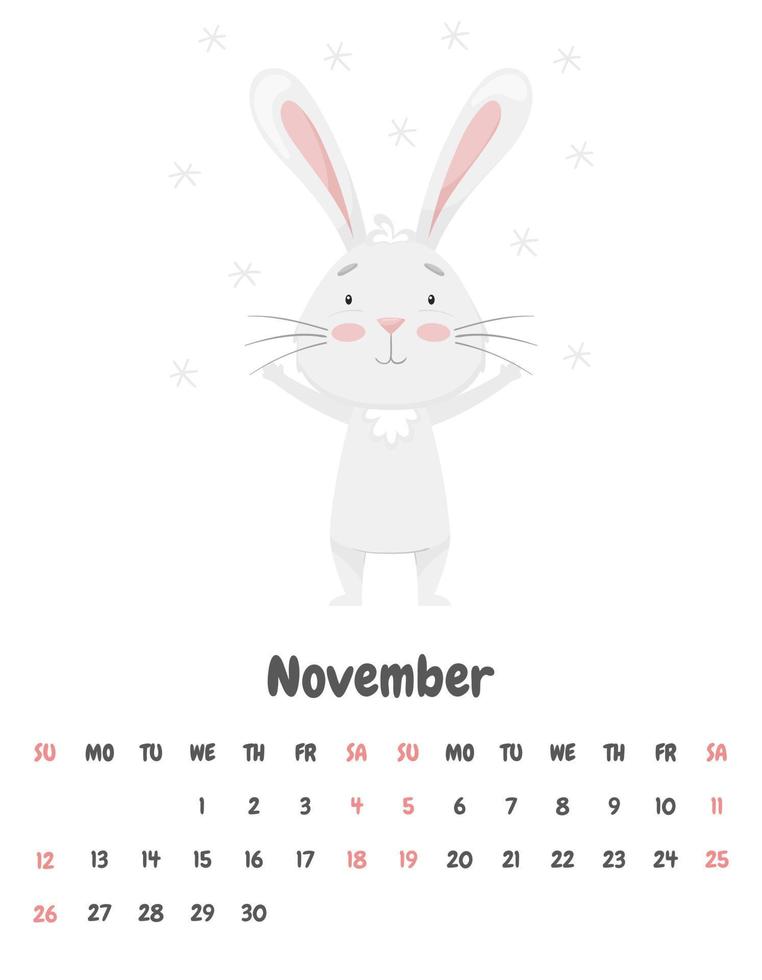 la page du calendrier pour le mois de novembre 2023 avec un joli lapin souriant, se réjouissant des flocons de neige volants. adorable animal, personnage aux couleurs pastel. illustration vectorielle sur fond blanc vecteur