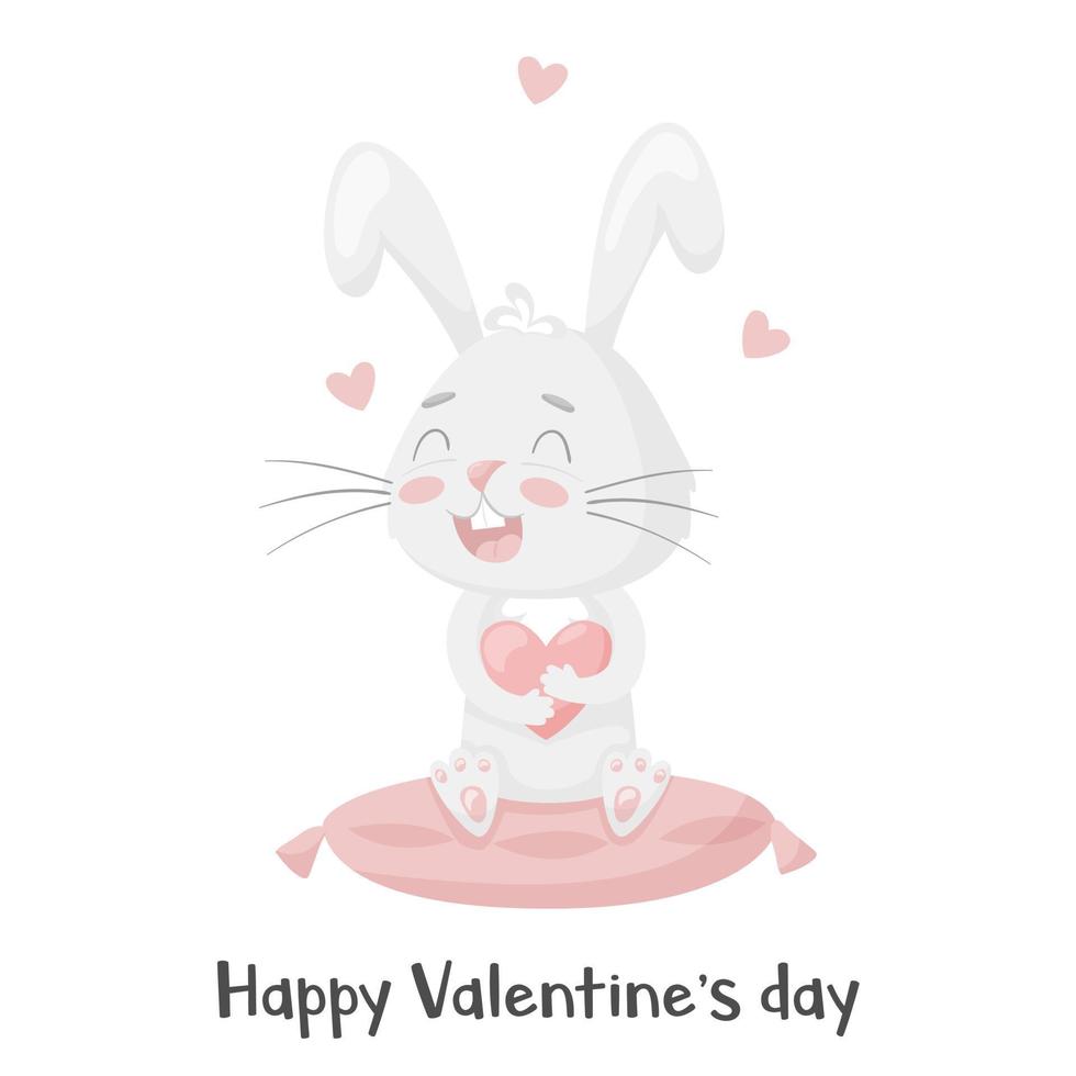 mignon lapin souriant assis sur un oreiller rose et tenant un coeur. Joyeuse saint Valentin. adorable animal, personnage aux couleurs pastel. pour les cartes, les vêtements, les t-shirts imprimés. illustration vectorielle sur blanc. vecteur