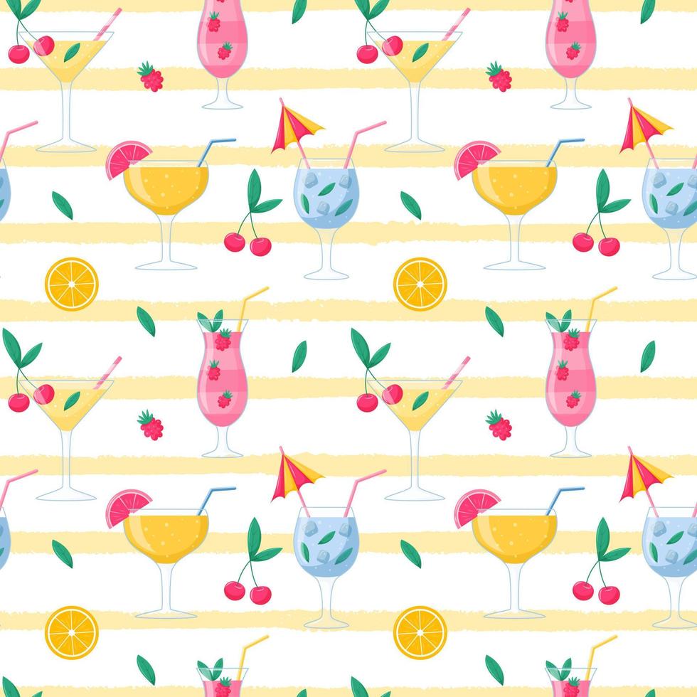 modèle sans couture d'été avec des cocktails lumineux, des boissons froides avec des fruits et des baies, des cerises, des framboises, des oranges.illustrations vectorielles en style cartoon plat sur un fond de rayures de texture jaune. vecteur