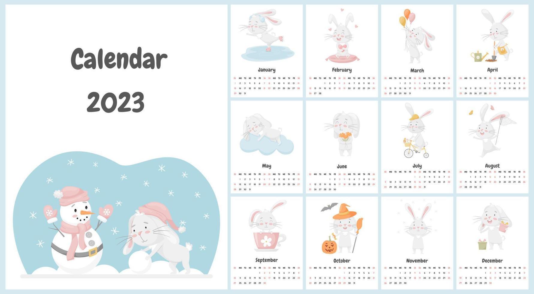 toutes les pages du calendrier pour 2023 avec un joli personnage de lapin, le symbole chinois de l'année. un ensemble d'illustrations avec un personnage pour enfants aux couleurs pastel. vecteur sur fond blanc