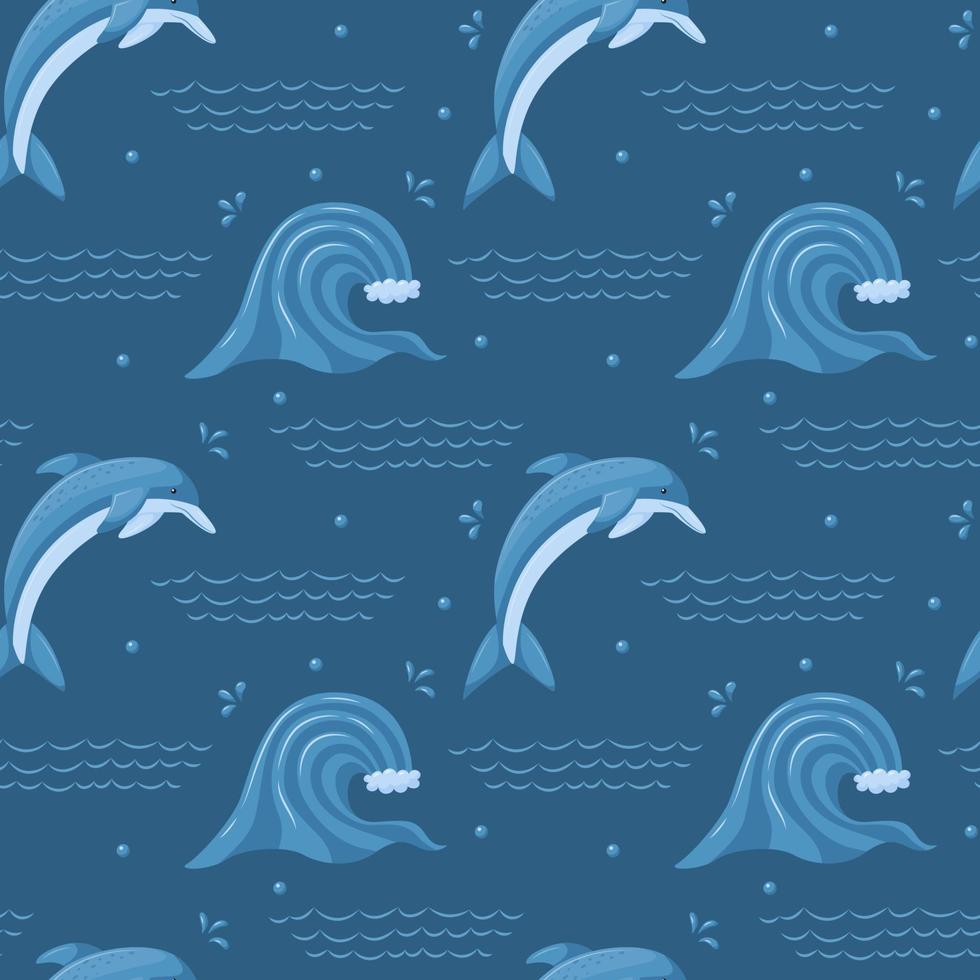 modèle sans couture avec mer, vague océanique et mignon dauphin de plongée. élément marin et animal aquatique. pour l'été, les textiles de plage. illustration vectorielle dans un style de dessin animé plat sur fond bleu foncé. vecteur