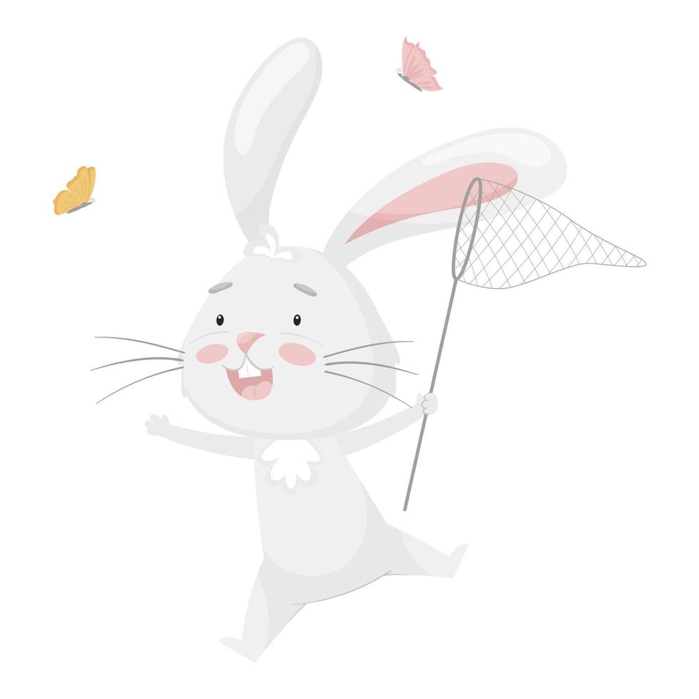 mignon lapin drôle attrapant des papillons avec un filet. activité amusante d'été. conception d'enfants. adorable animal, personnage aux couleurs pastel. pour cartes, vêtements, t-shirt print.vector illustration isolé sur blanc vecteur