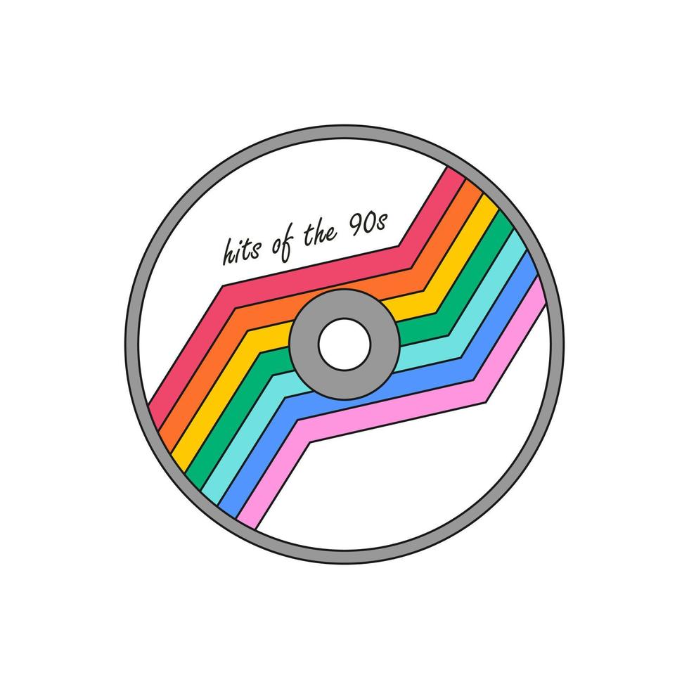 disque audio compact avec étiquette arc-en-ciel. équipement musical. icône cd, signe, symbole des années 90, 00. illustration vectorielle avec contour isolé sur fond blanc. vecteur