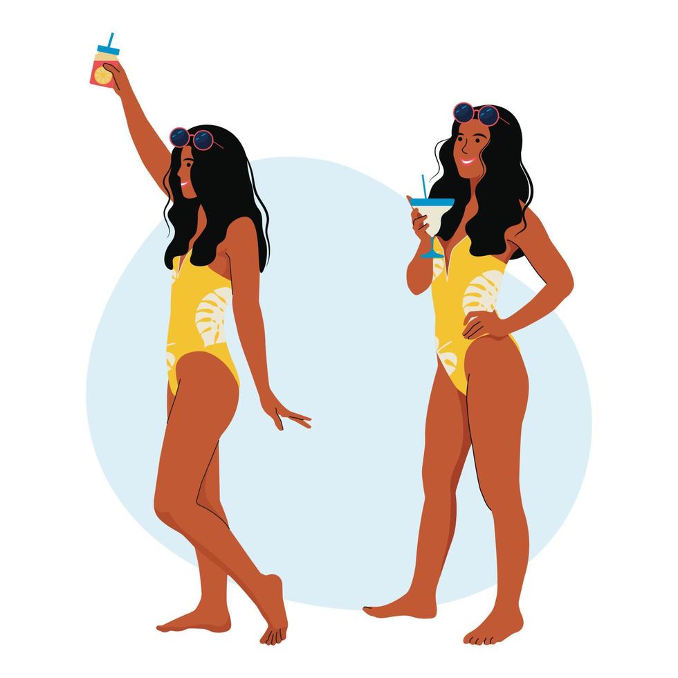 fille bronzée en maillot de bain et lunettes de soleil boit un cocktail de fruits. fille en maillot de bain posant sur la plage. vacances d'été, repos et détente. illustration vectorielle plane. vecteur