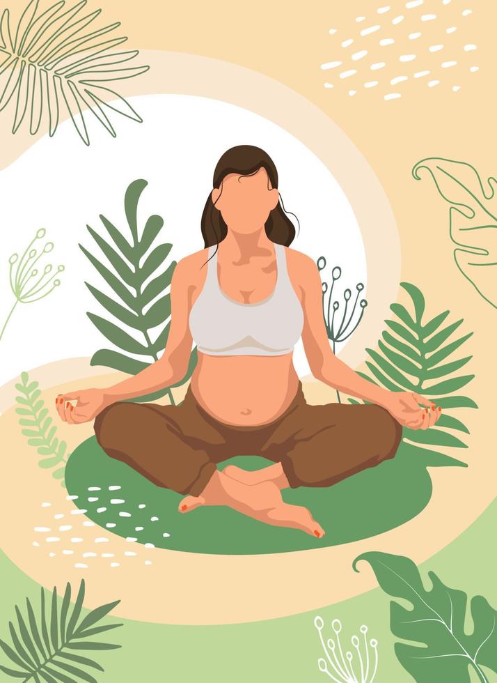 jeune femme enceinte méditant assise en posture de lotus sur la nature. style sans visage. illustration conceptuelle pour le yoga, la méditation, la détente, un mode de vie sain et des activités sportives. illustration vectorielle. vecteur