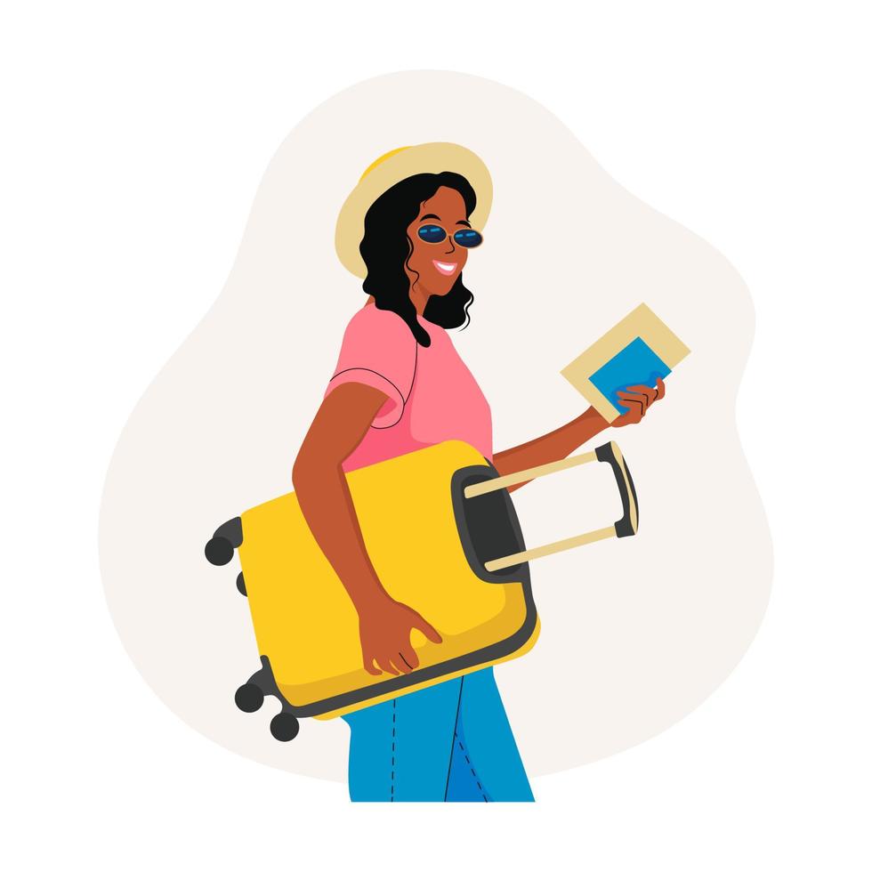 fille avec une valise et un passeport avec des billets d'embarquement. notion de voyage. jeune femme avec une valise à la main. illustration vectorielle plane. vecteur