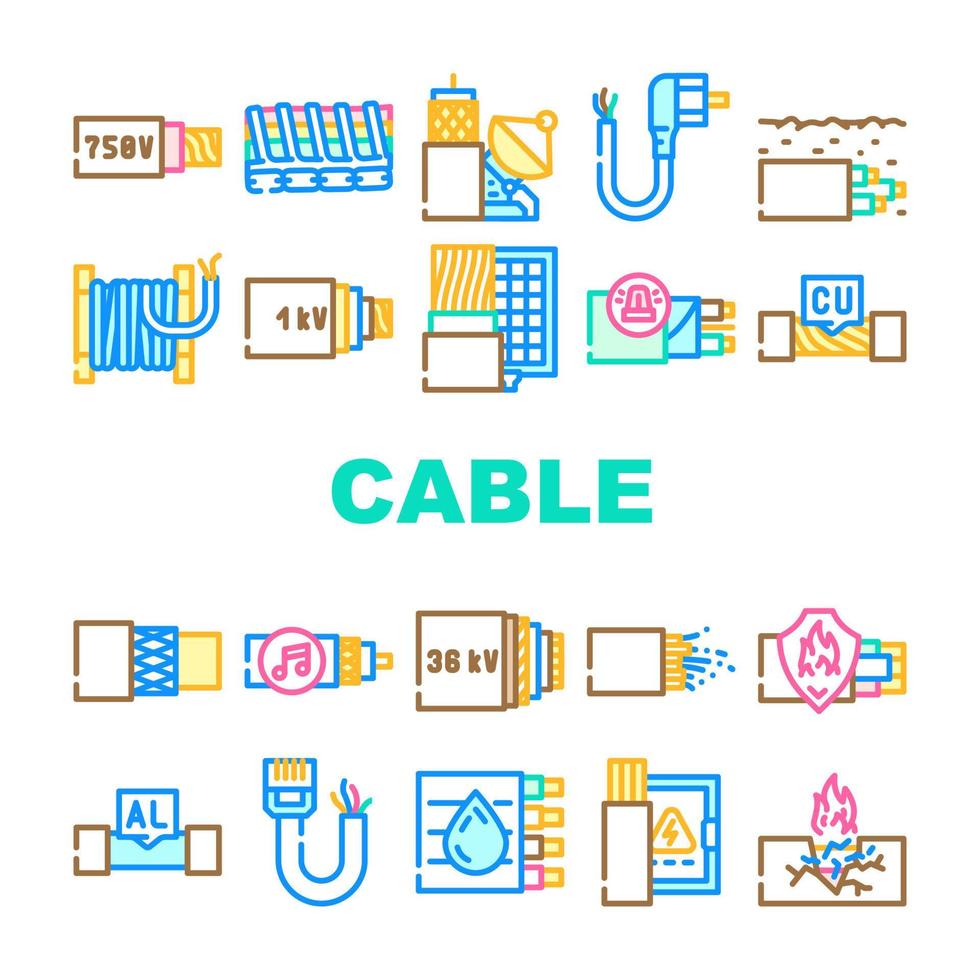 câble, fil, système électrique, icônes, ensemble, vecteur