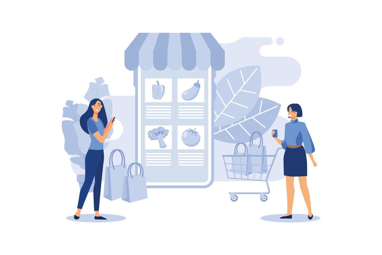 aliments au détail, magasinez en ligne. la femme fait des achats par téléphone en ligne, en choisissant le produit. panier d'achat pour l'acheteur avec de la nourriture. commerce électronique sur smartphone. illustration vectorielle plane vecteur