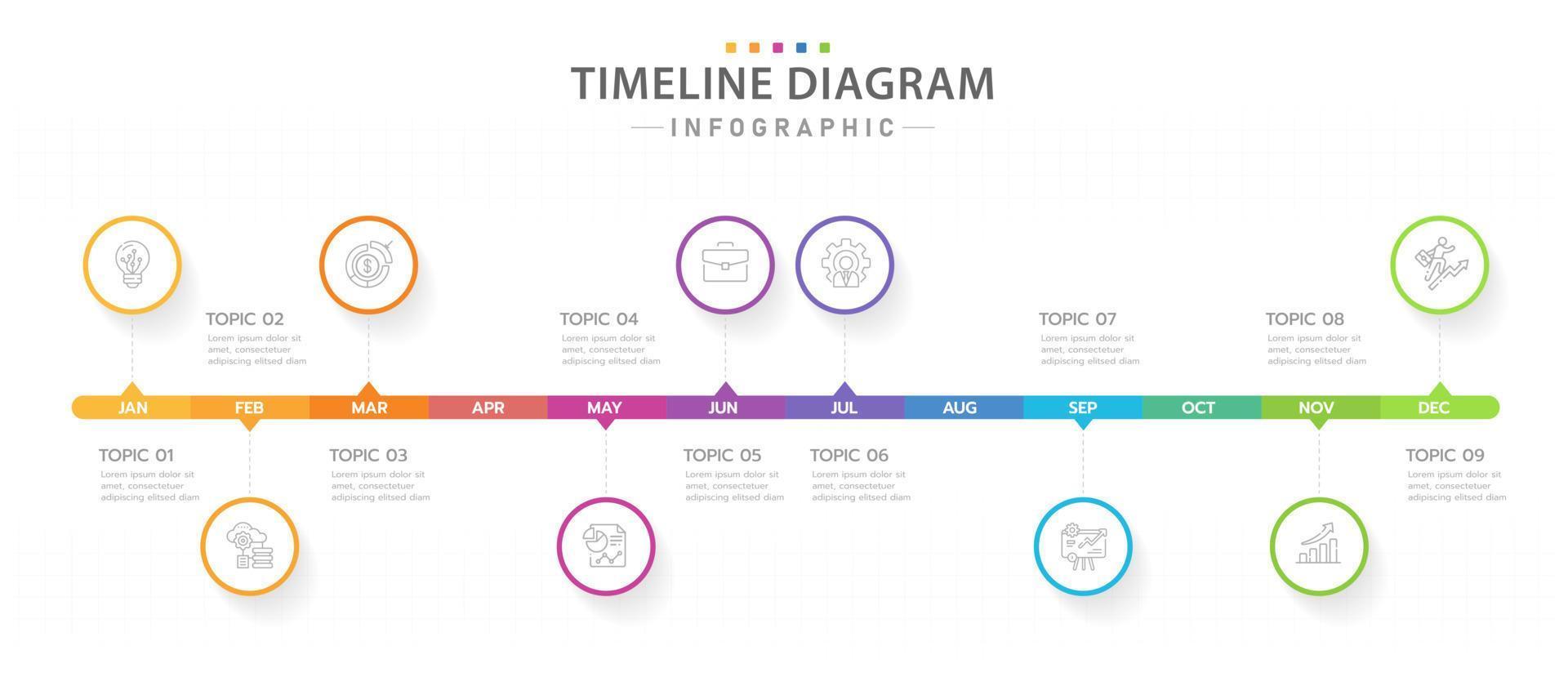 modèle d'infographie pour les entreprises. Calendrier de diagramme de chronologie moderne de 12 mois avec cercles, infographie vectorielle de présentation. vecteur