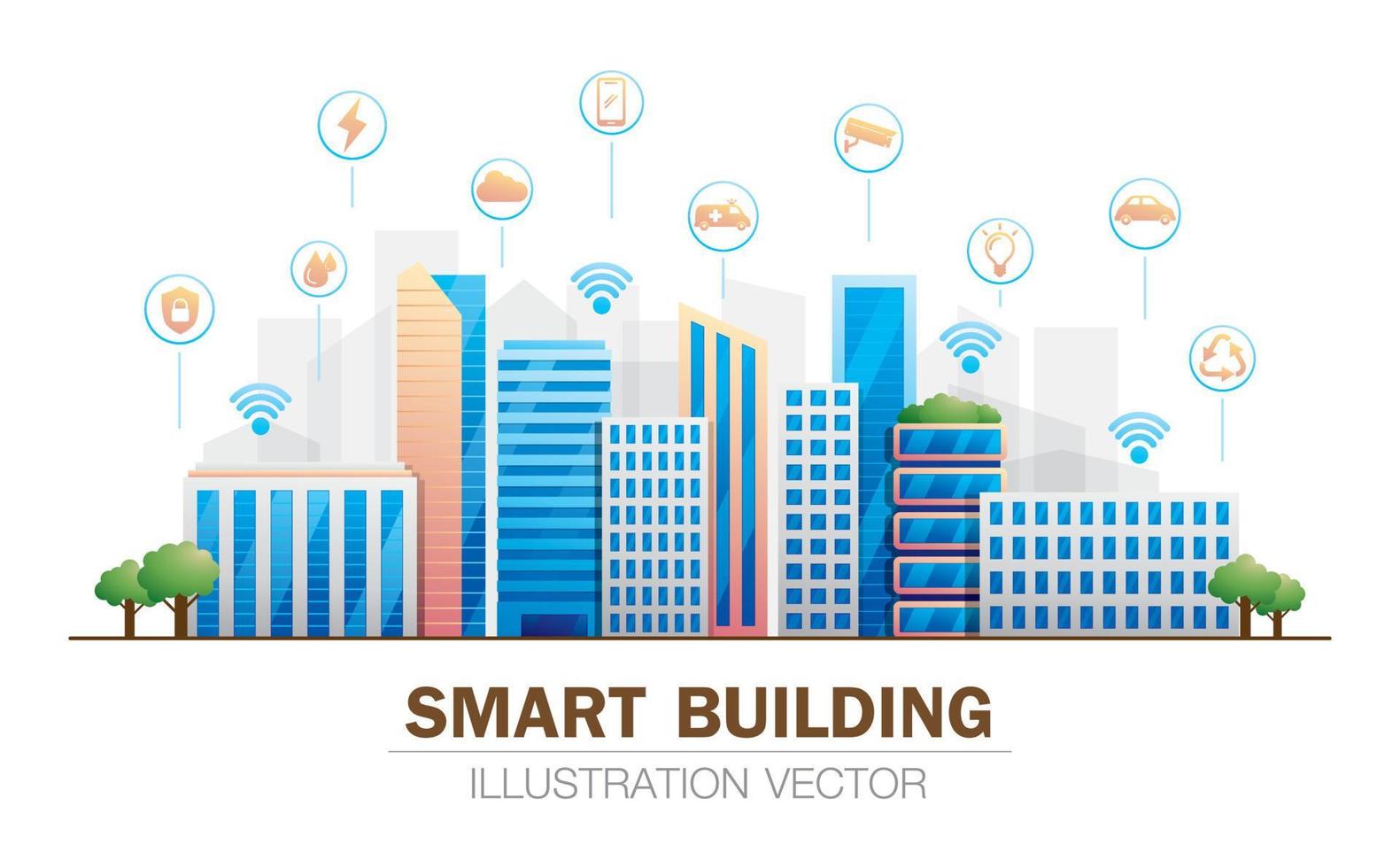 vecteur d'illustration de bâtiments intelligents avec des icônes de service intelligent.